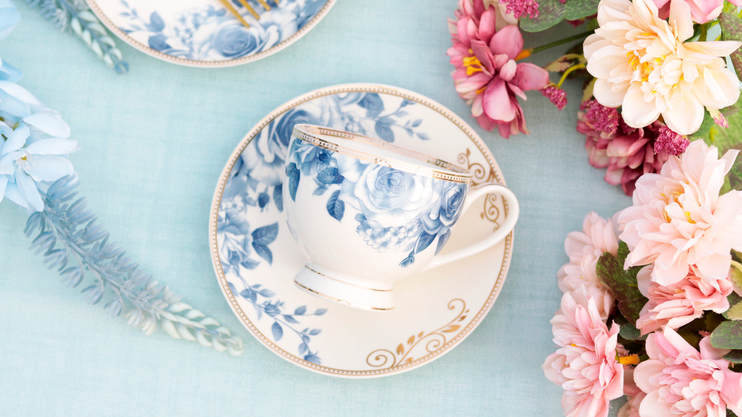 Azure Gold Cup and Saucer Set (6 Cups and 6 Saucers) - Vigneto