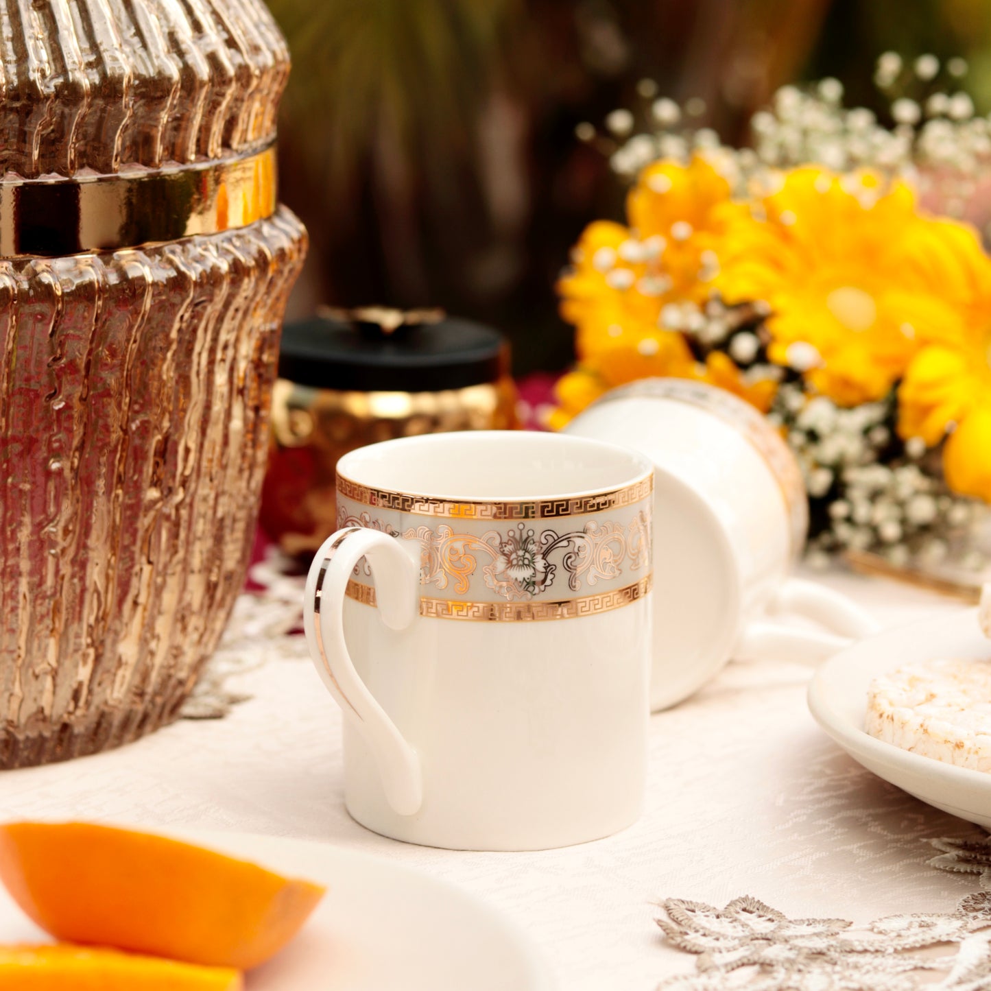 Mughal Gold and Grey Mug Set (Capacity 170 ML, Set of 6) - Vigneto