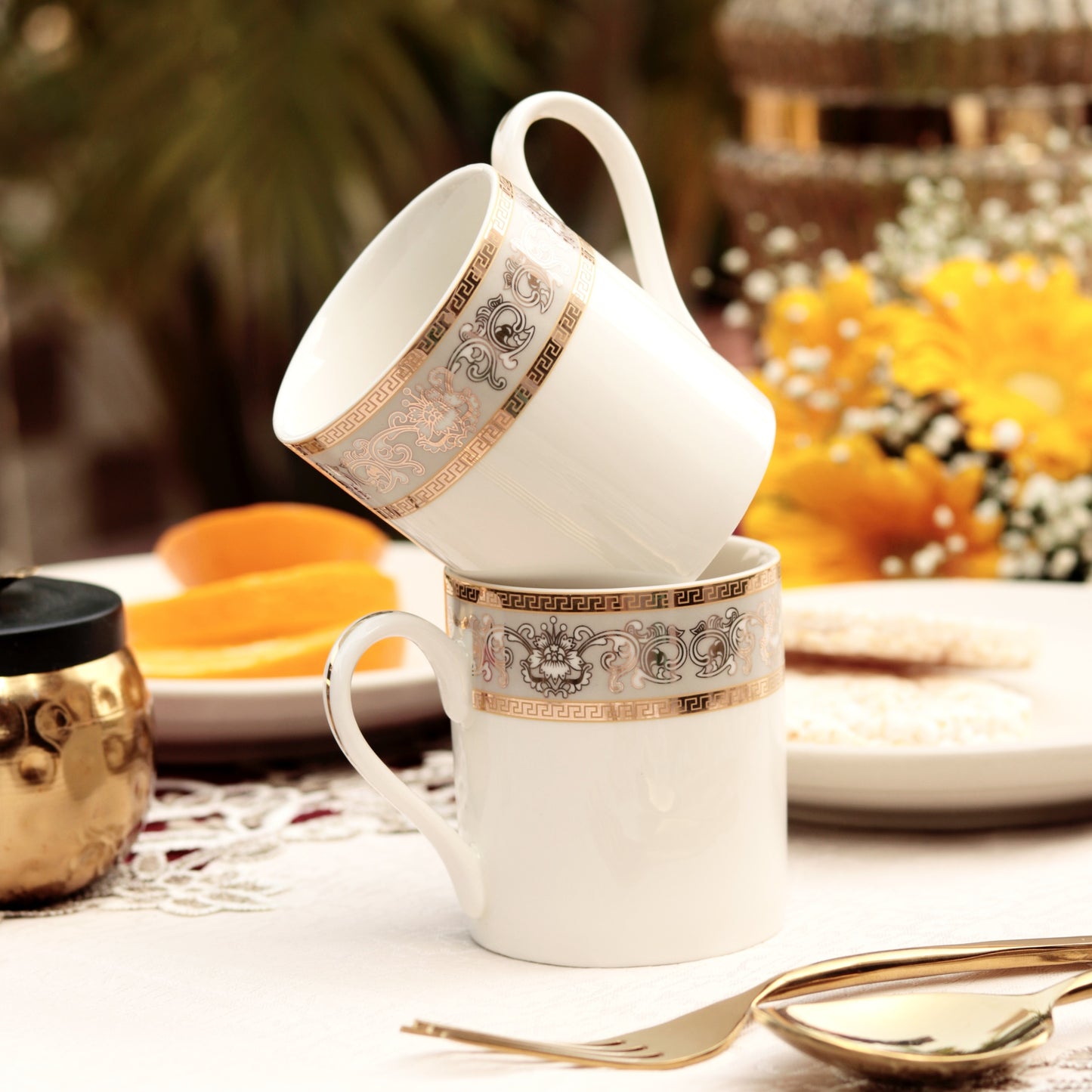 Mughal Gold and Grey Mug Set (Capacity 170 ML, Set of 6) - Vigneto