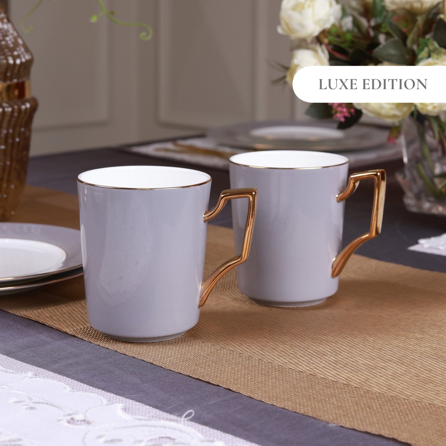 Opulent Grey Set of Coffee Mugs (Luxe Edition, 24K Gold, In glaze)