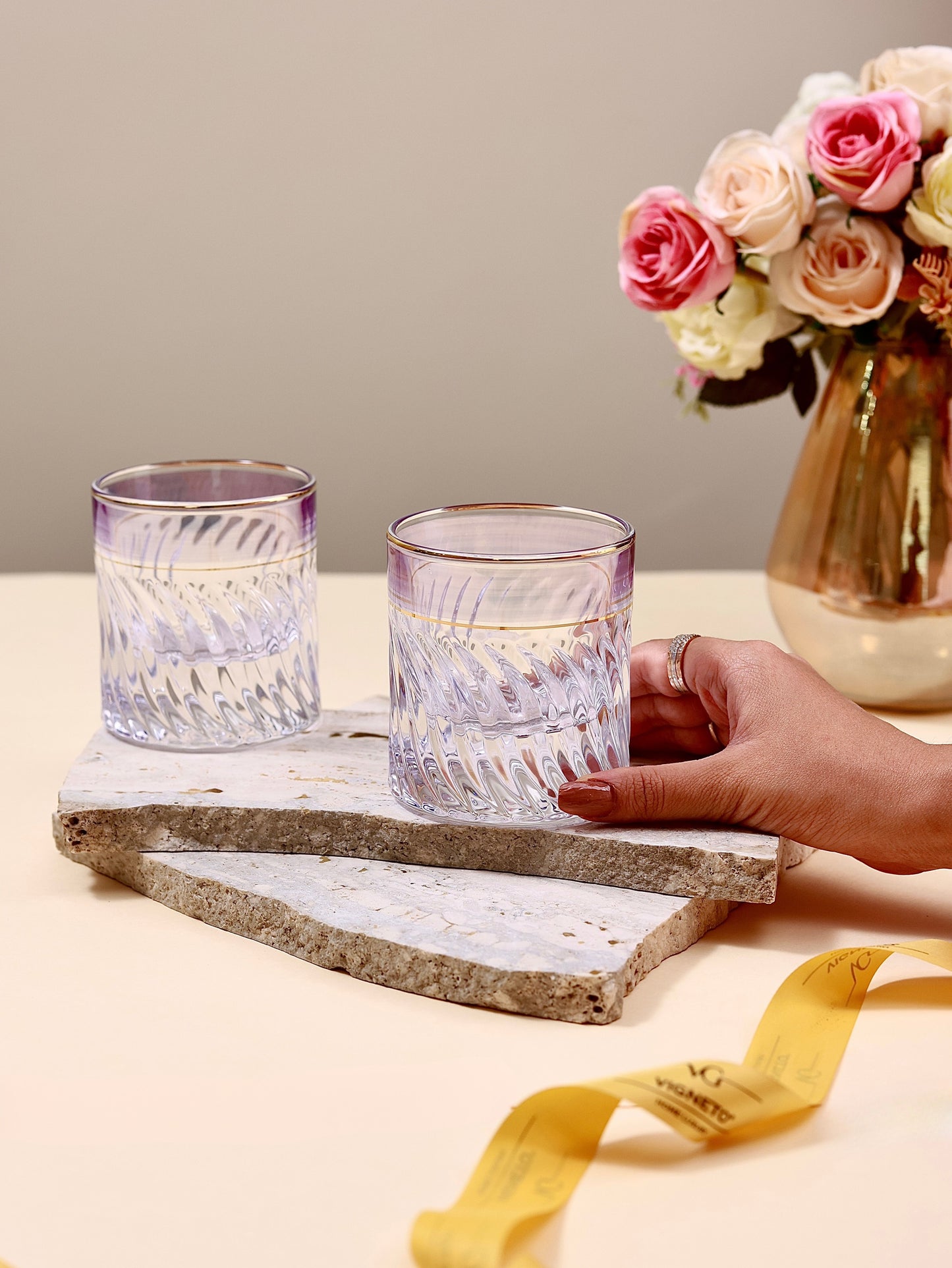 Crystal Wave Glasses (Plum Tint, Set of 6, 160 ML)