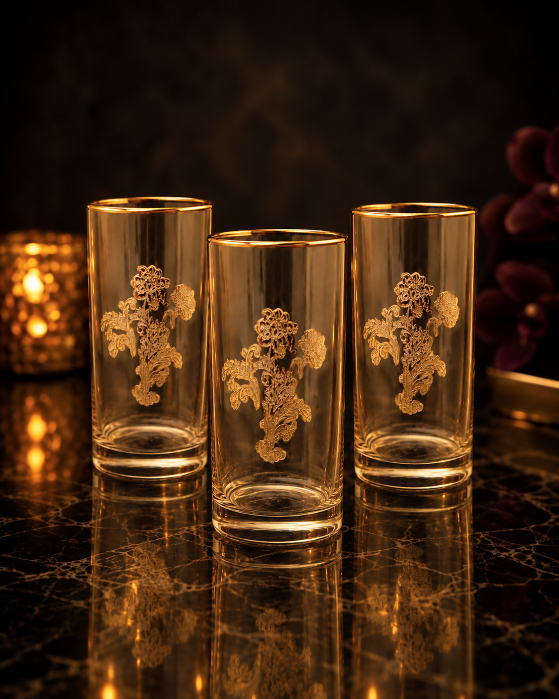 Amber Wisteria 6 Pcs Water Glasses (Palace Collection, 24K Gold Etched)