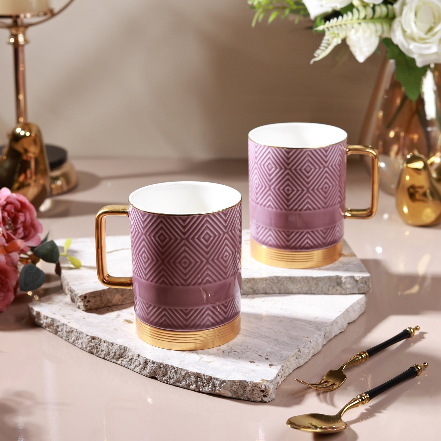 Mauve Set of 2 Coffee Mugs (Metal Collection, 24K Gold, 300 ML)