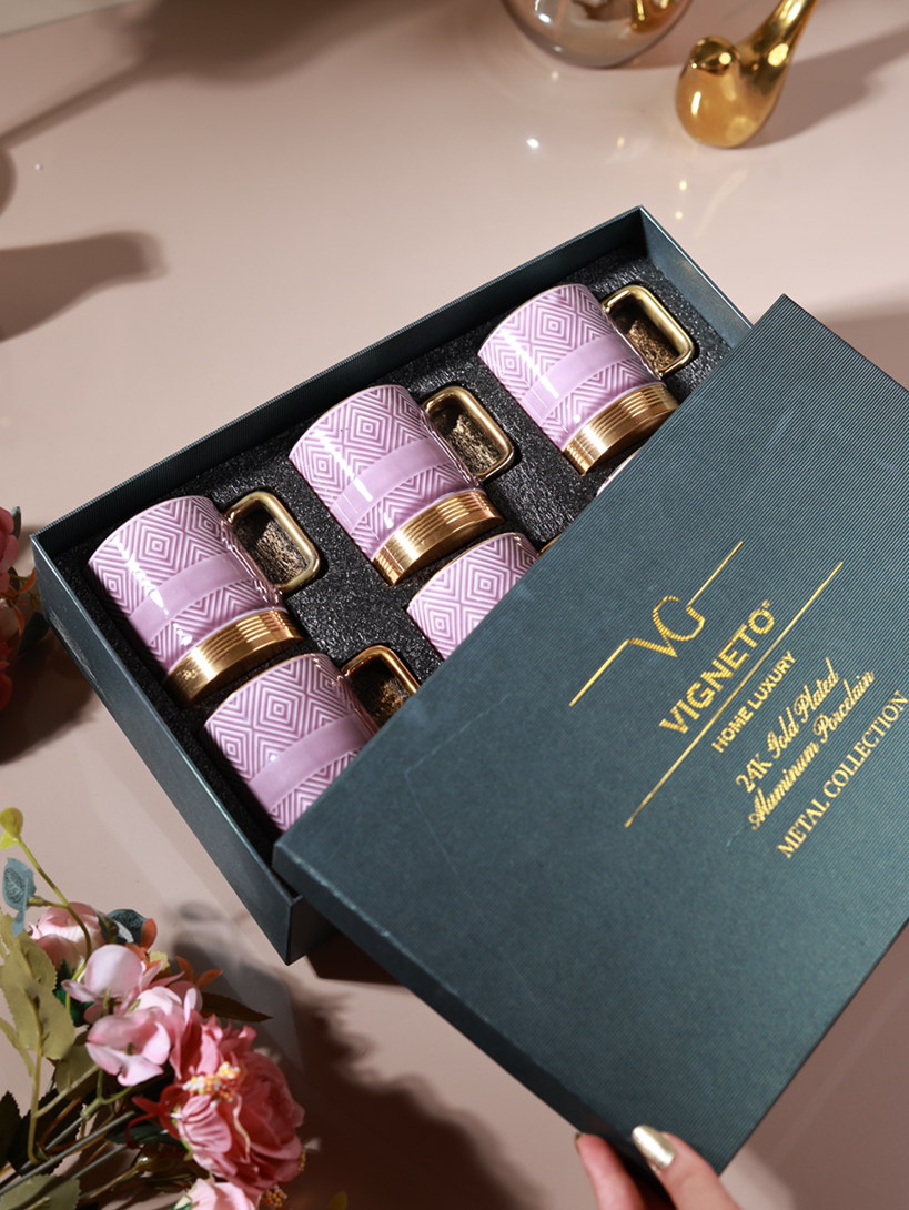 Mauve Set of 6 Mugs (Metal Collection, 24K Gold, 180 ML)