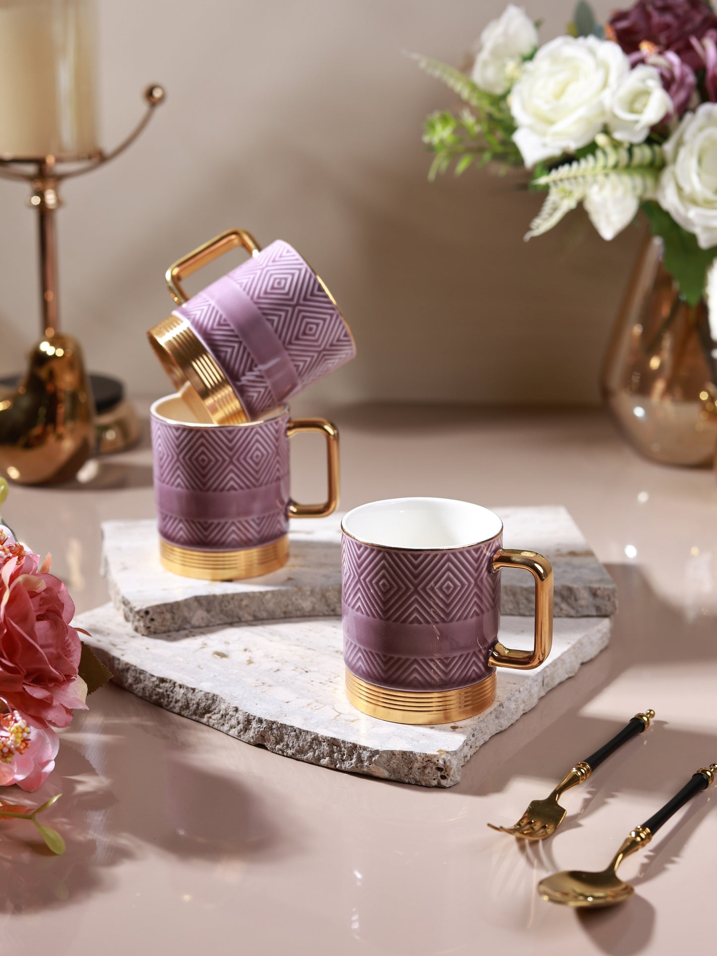 Mauve Set of 6 Mugs (Metal Collection, 24K Gold, 180 ML)