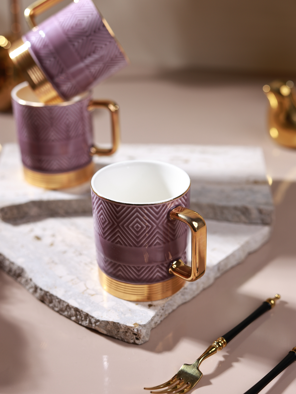 Mauve Set of 6 Mugs (Metal Collection, 24K Gold, 180 ML)