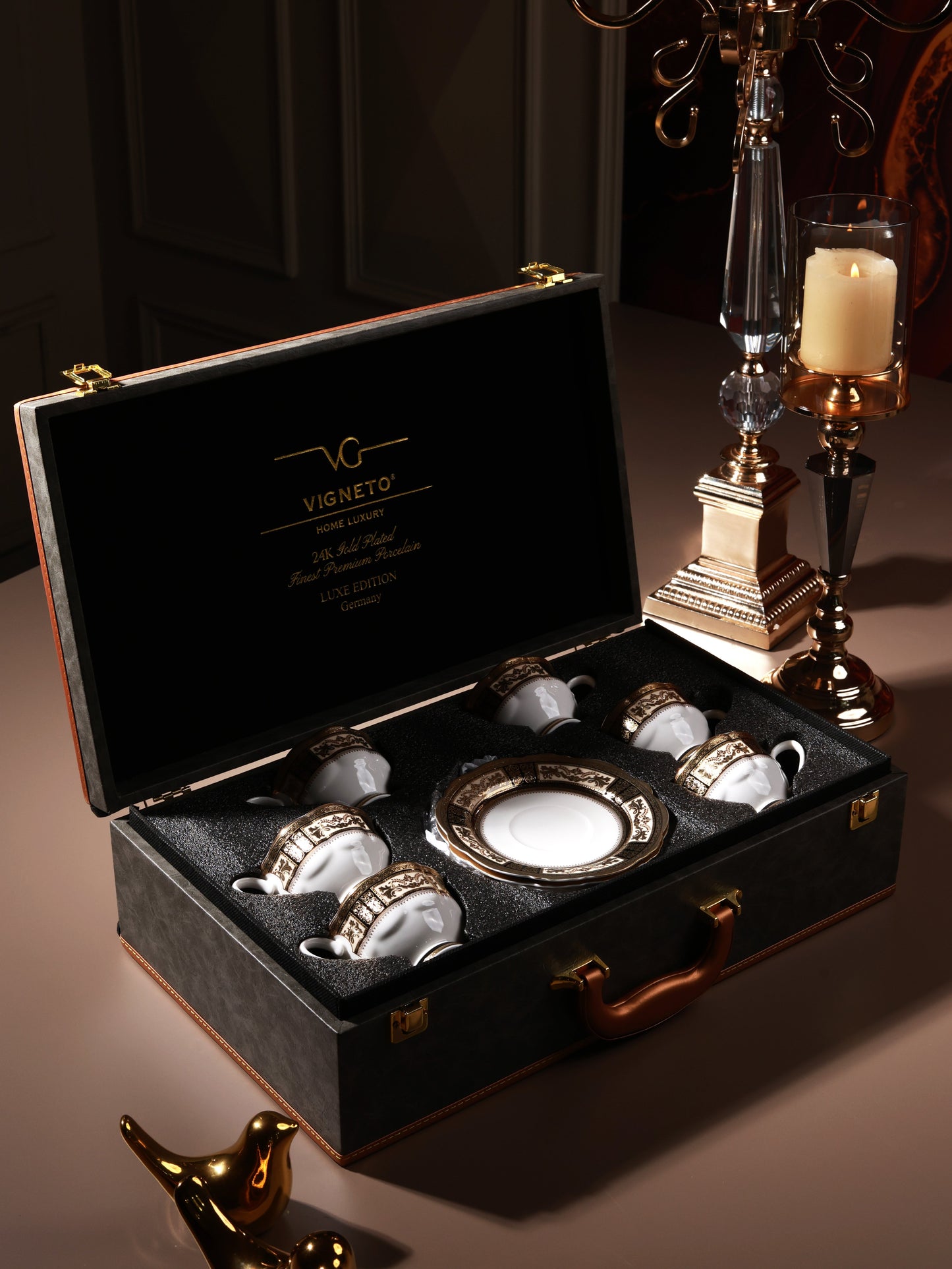 Chateau d'Or Cup and Saucer Set (Set of 6, Palace Collection, 24K Embossed Gold)