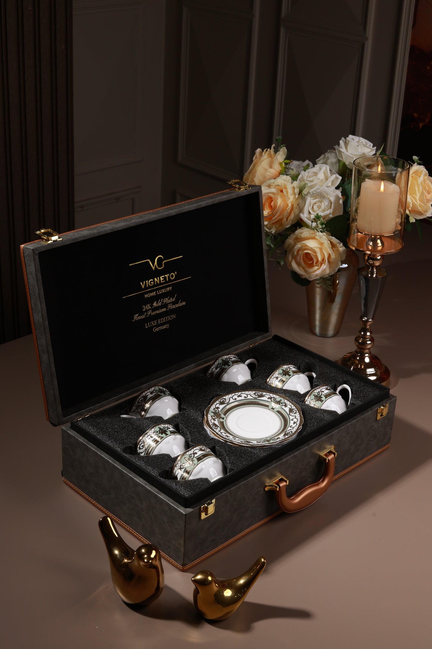 Palace Verde Cup and Saucer Set (Set of 6, Palace Collection, 24K Embossed Gold)