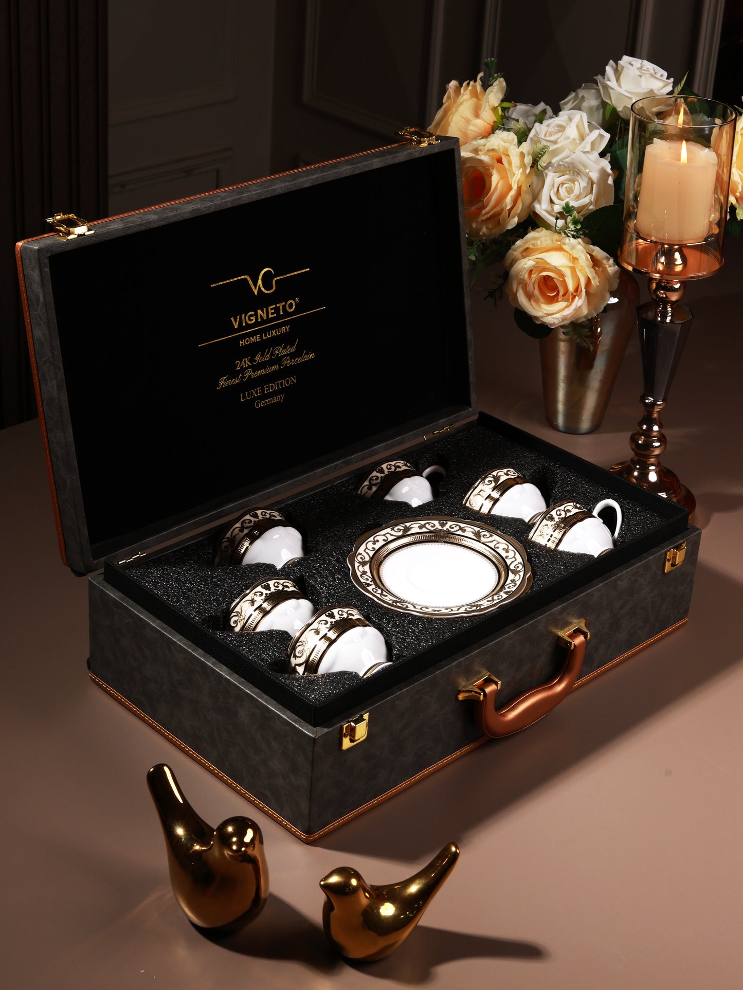 Gilded Realm Cup and Saucer Set (Set of 6, Palace Collection, 24K Embossed Gold)