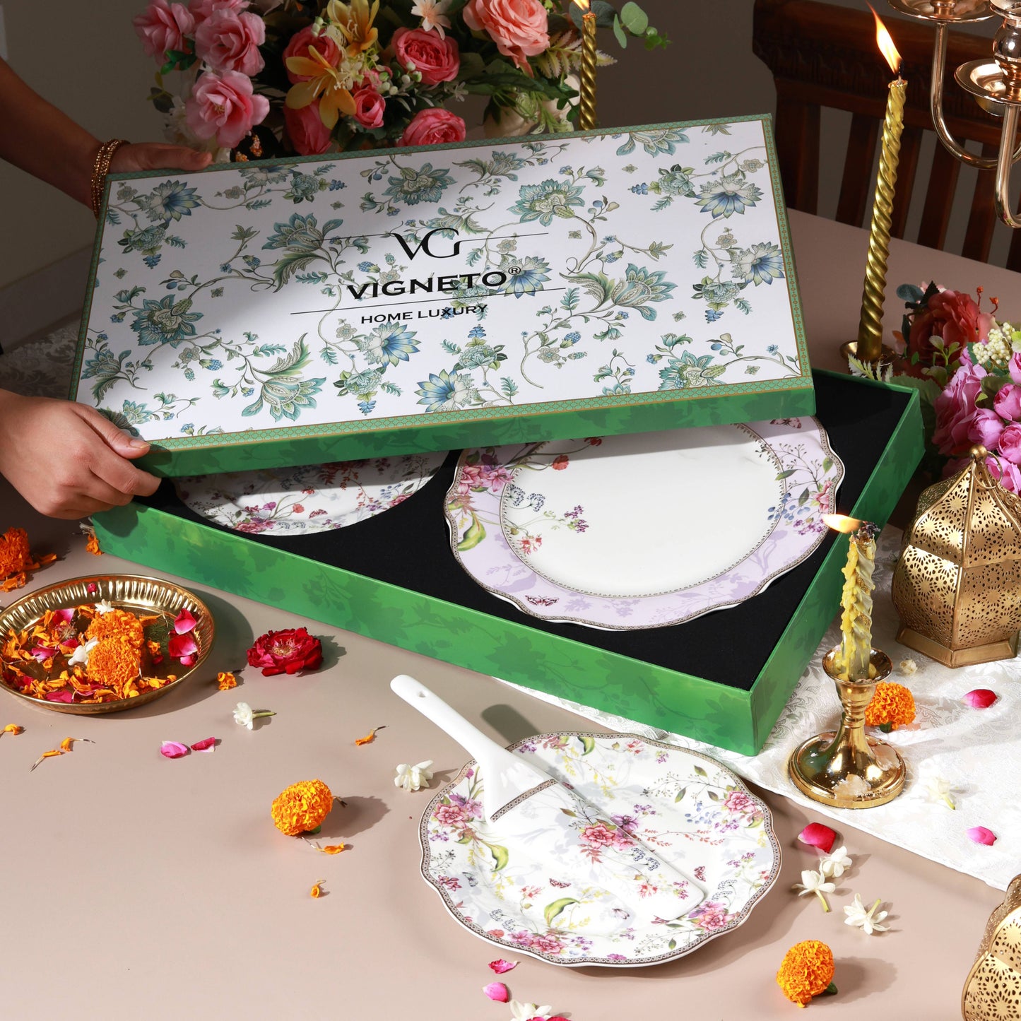 Lilac Garden 8 Pcs Snack Set (1 Serving Plate, 6 Quarter Plates, 1 Server)
