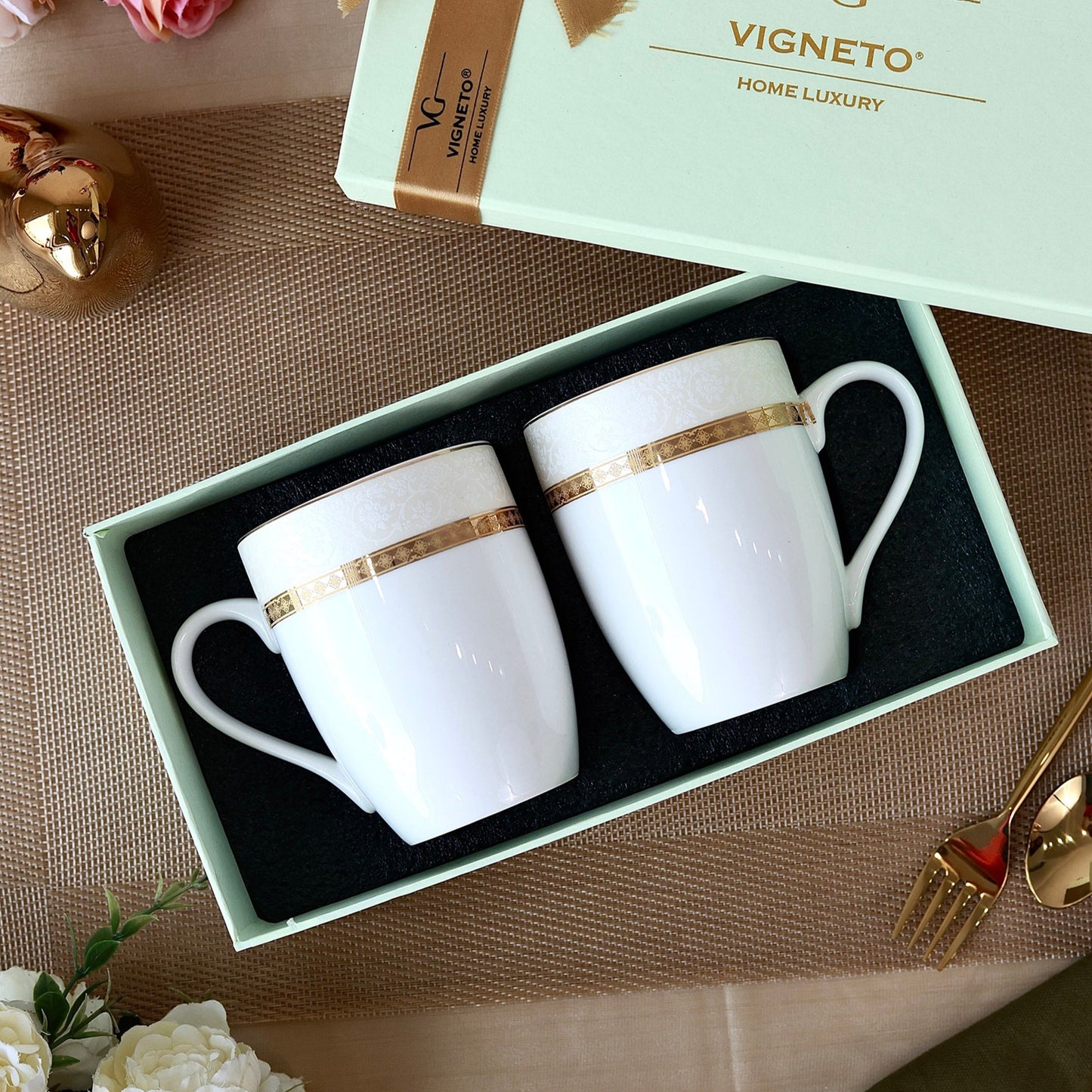Opaline Gold Coffee Mugs (Set of 2, 300 ML) - Vigneto