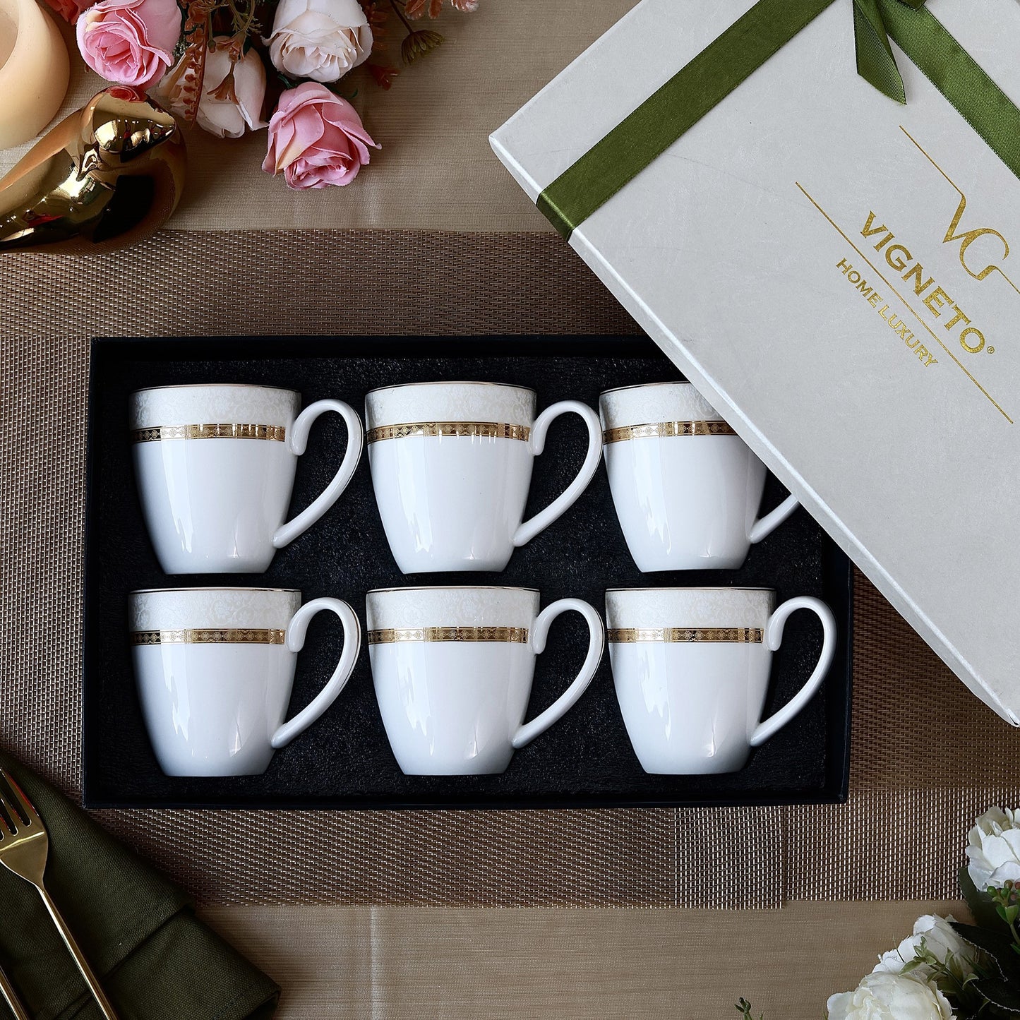Opaline Gold Mug Set (Capacity 170 ML, Set of 6) - Vigneto