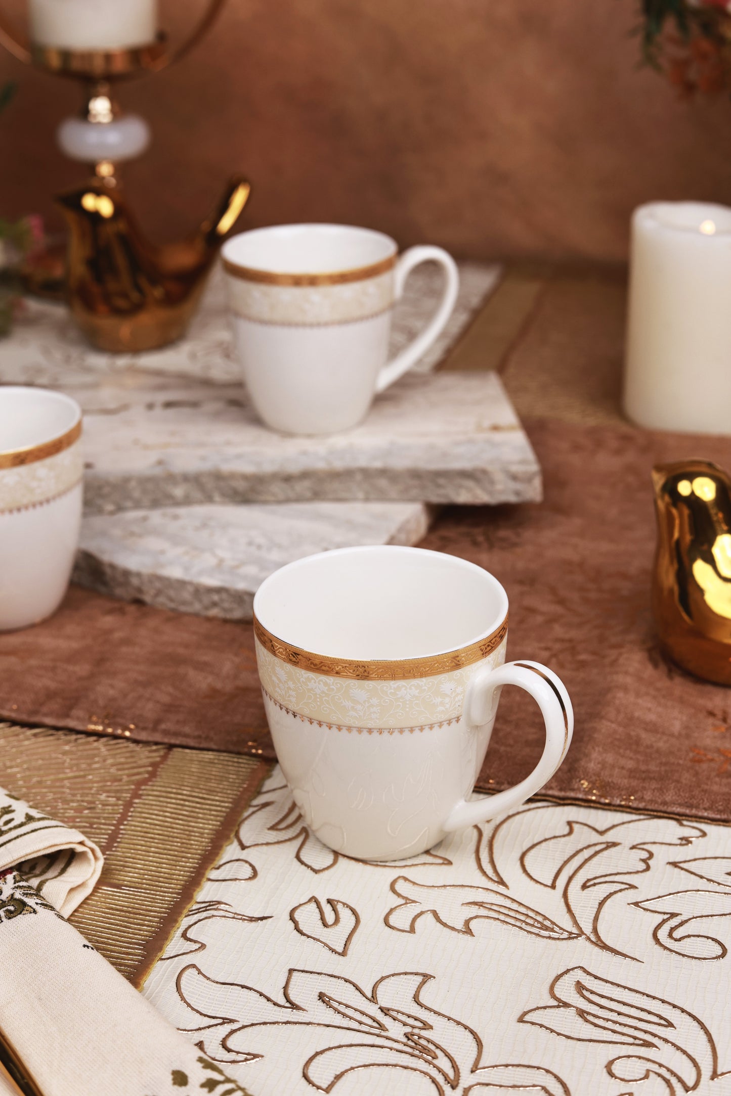 Crème Gold Mug Set (Capacity 180 ML, Set of 6) - Vigneto