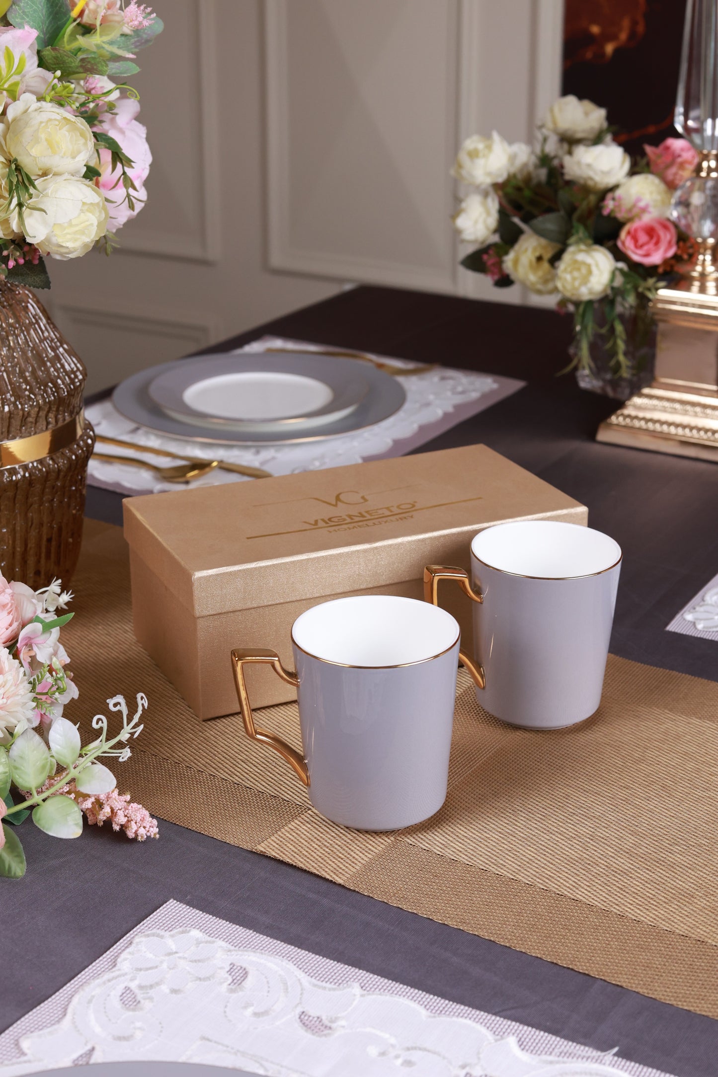 Opulent Grey Set of Coffee Mugs (Luxe Edition, 24K Gold, In glaze)
