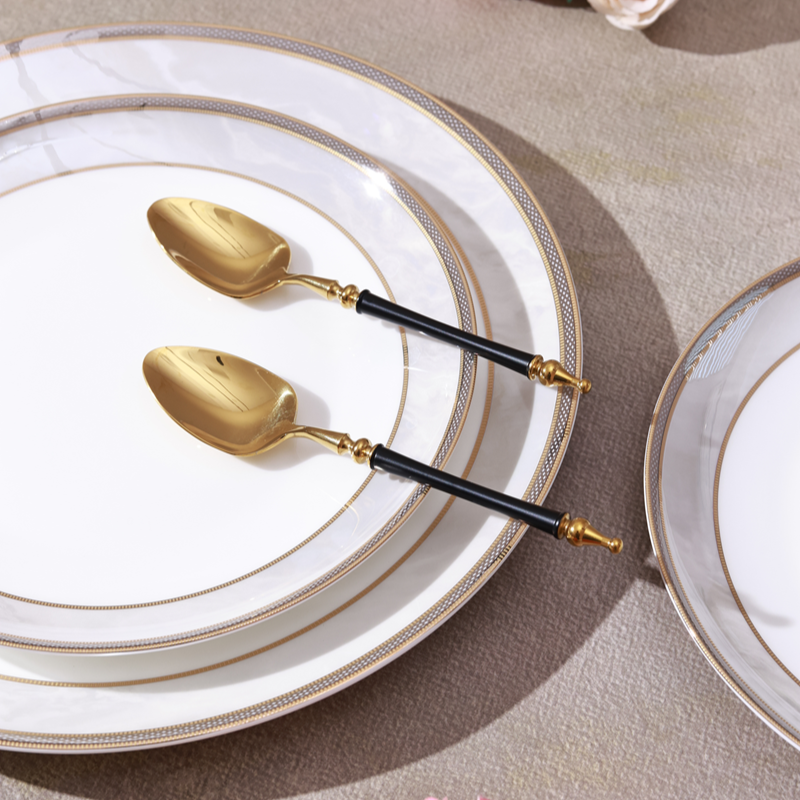Grecian Black Dessert Spoon (Shine Gold Finish, Set of 6)