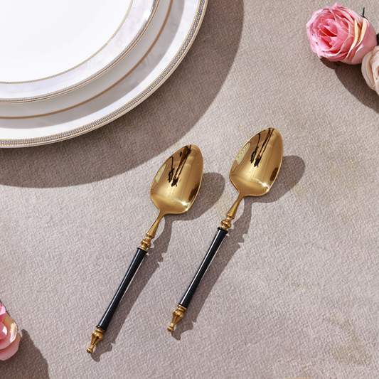 Grecian Black Dessert Spoon (Shine Gold Finish, Set of 6)