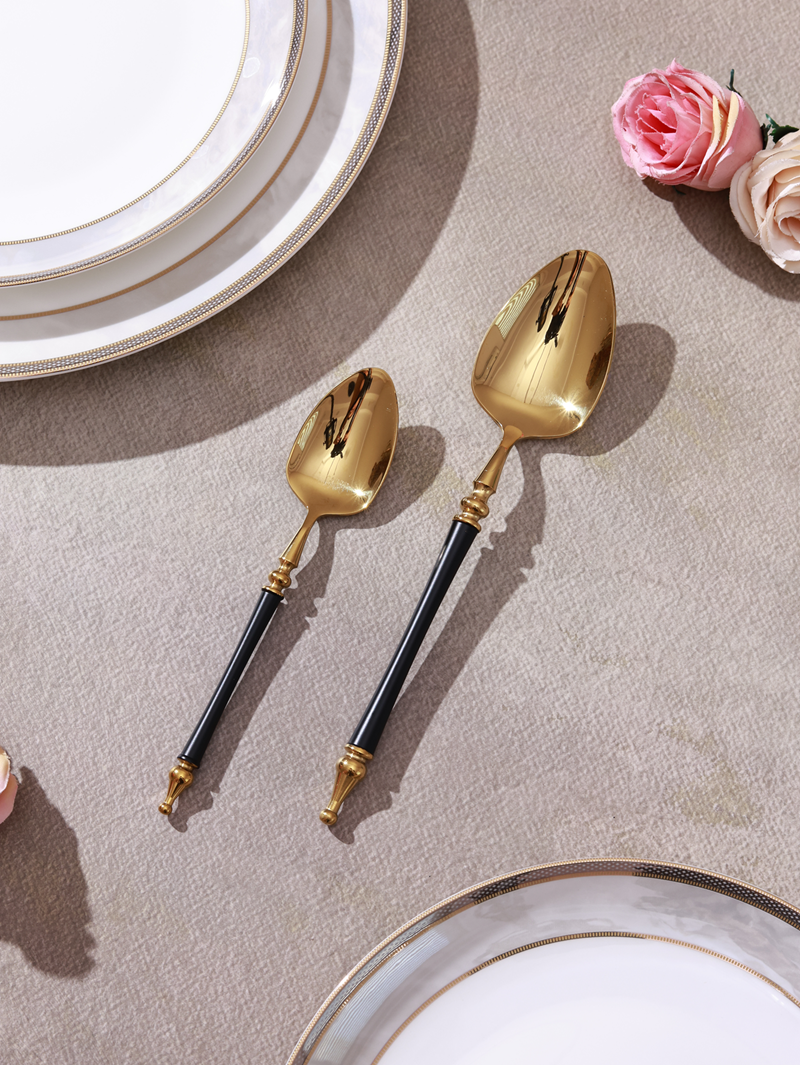 Grecian Black Dessert Spoon (Shine Gold Finish, Set of 6)