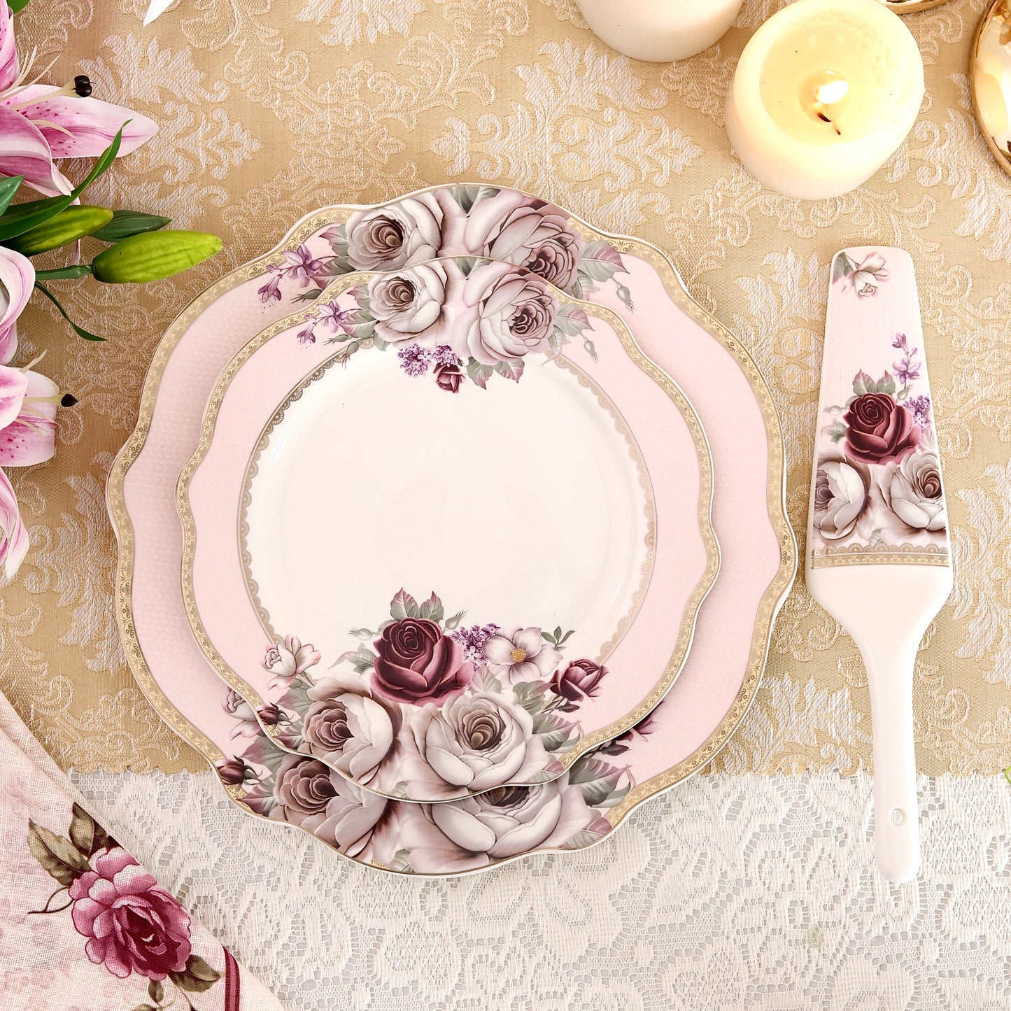 Rose Garden 8 Pcs Snack Set (1 Serving Plate, 6 Quarter Plates, 1 Server) - Vigneto