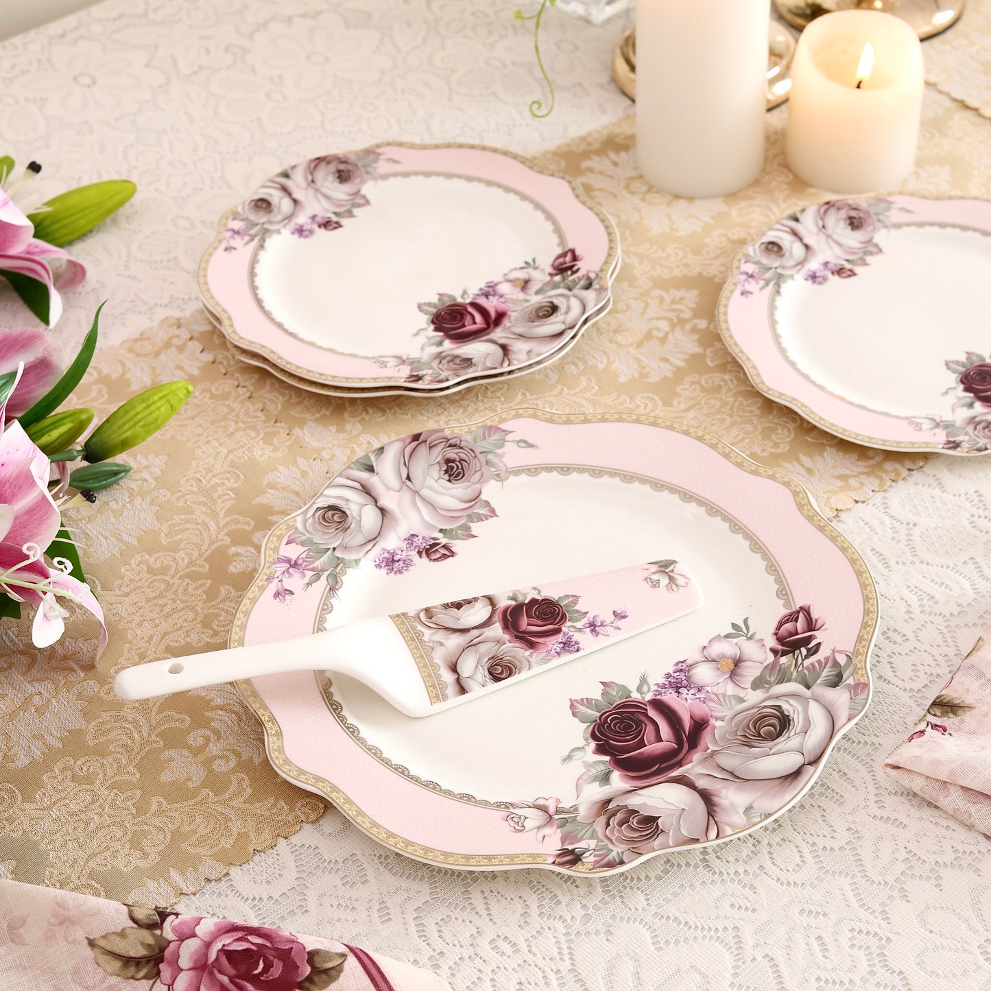 Rose Garden 8 Pcs Snack Set (1 Serving Plate, 6 Quarter Plates, 1 Server) - Vigneto