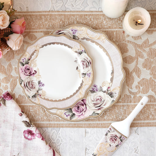 Gold Roses 8 Pcs Snack Set (1 Serving Plate, 6 Quarter Plates, 1 Server) - Vigneto