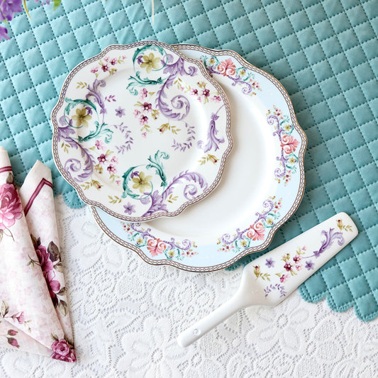 Purple Flower 8 Pcs Snack Set (1 Dinner Plate, 6 Quarter Plates, 1 Server) - Vigneto