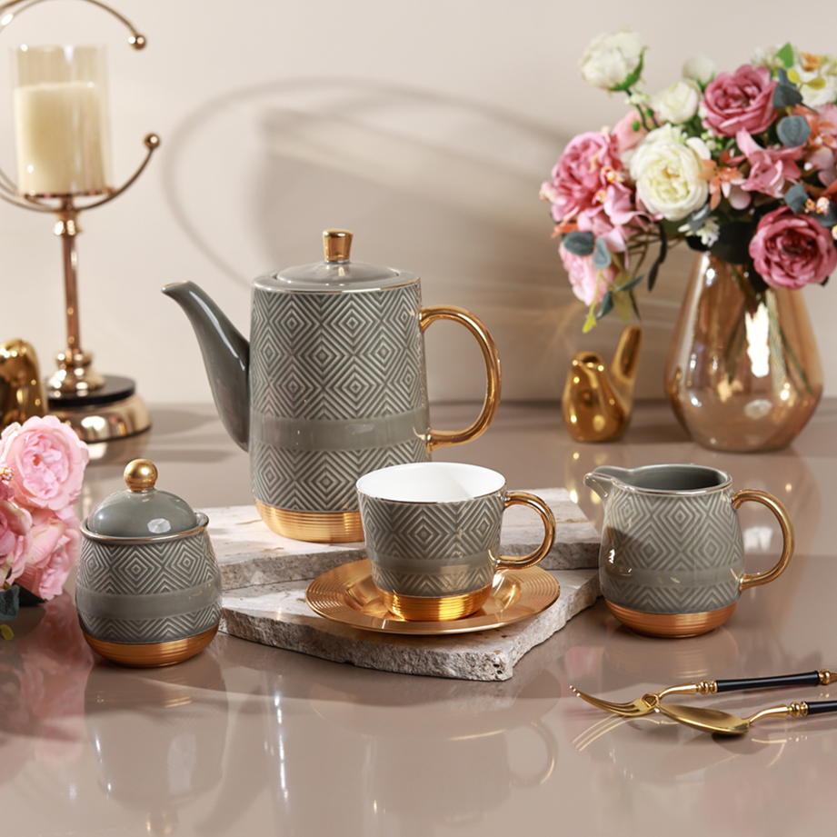 Grey 15 Pcs Tea Set (Metal Collection, 24K Gold)