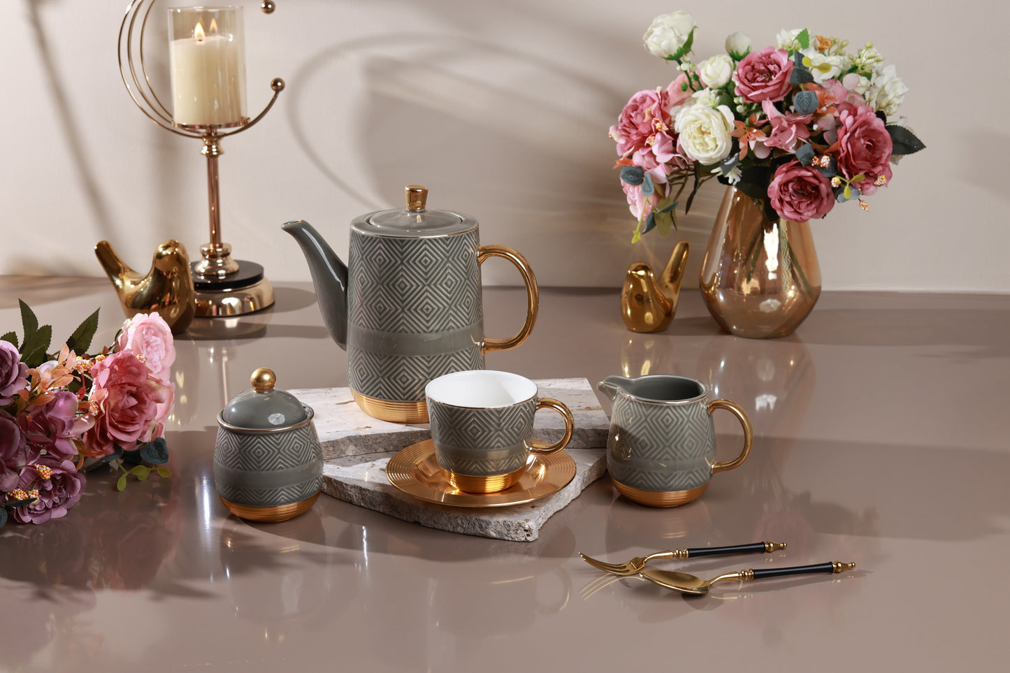 Grey 15 Pcs Tea Set (Metal Collection, 24K Gold)