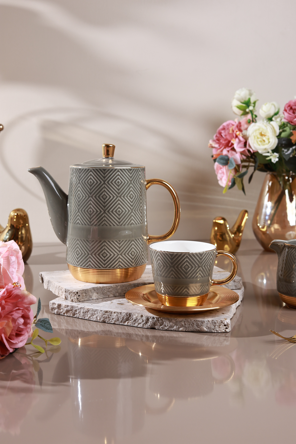 Grey 15 Pcs Tea Set (Metal Collection, 24K Gold)