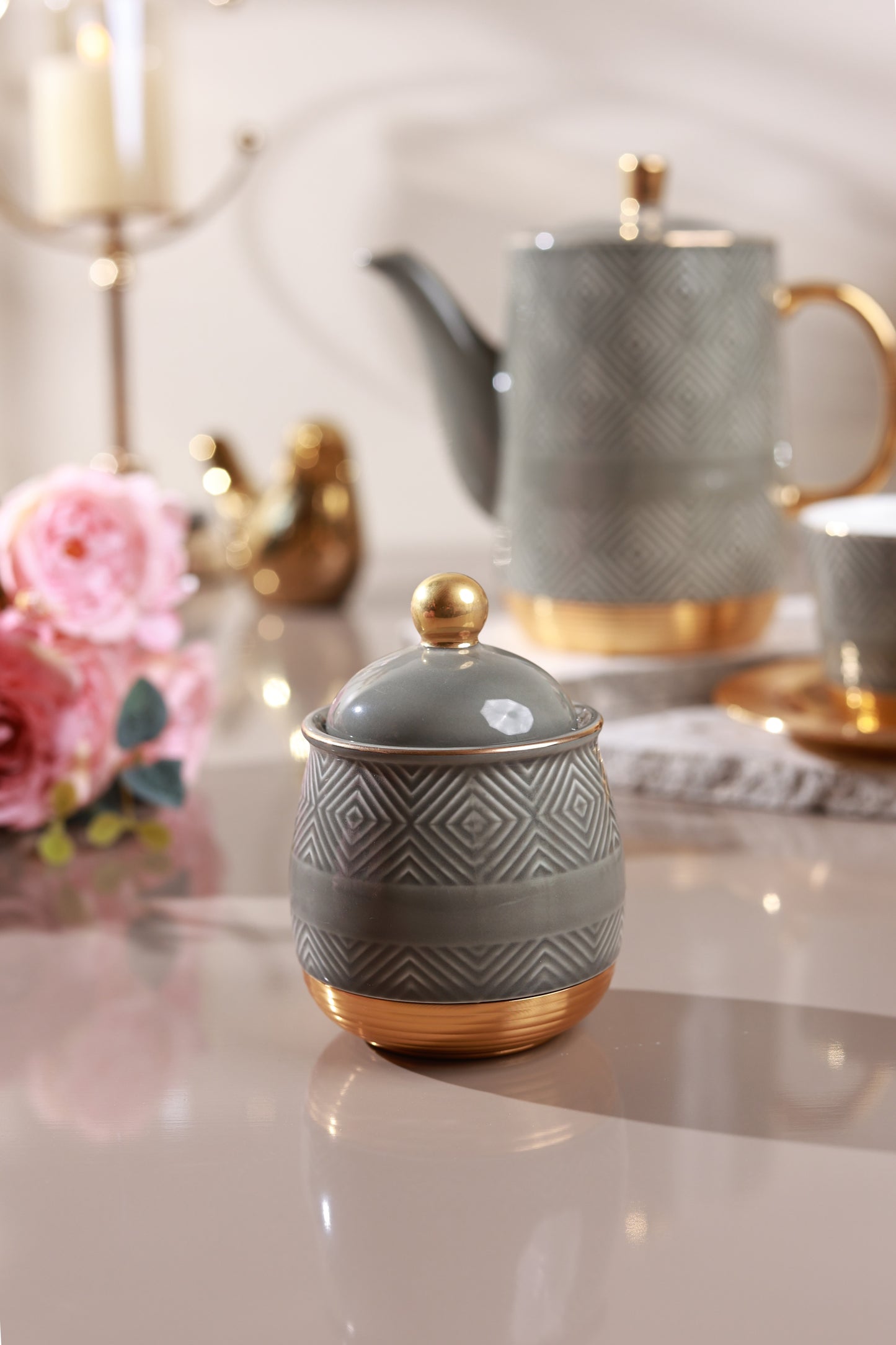 Grey 15 Pcs Tea Set (Metal Collection, 24K Gold)