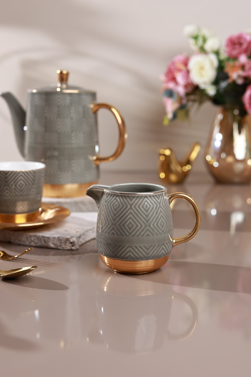 Grey 15 Pcs Tea Set (Metal Collection, 24K Gold)