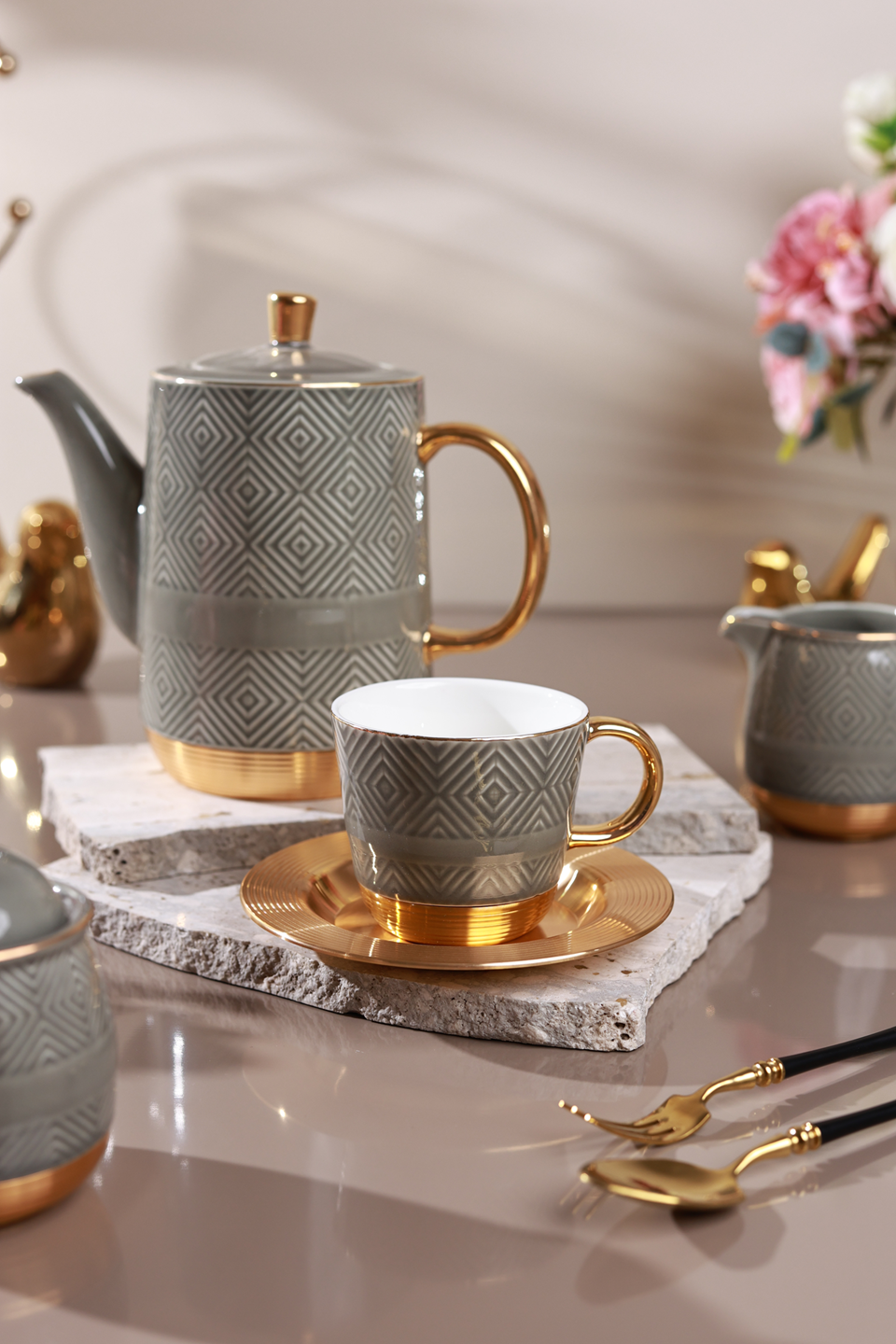 Grey 15 Pcs Tea Set (Metal Collection, 24K Gold)