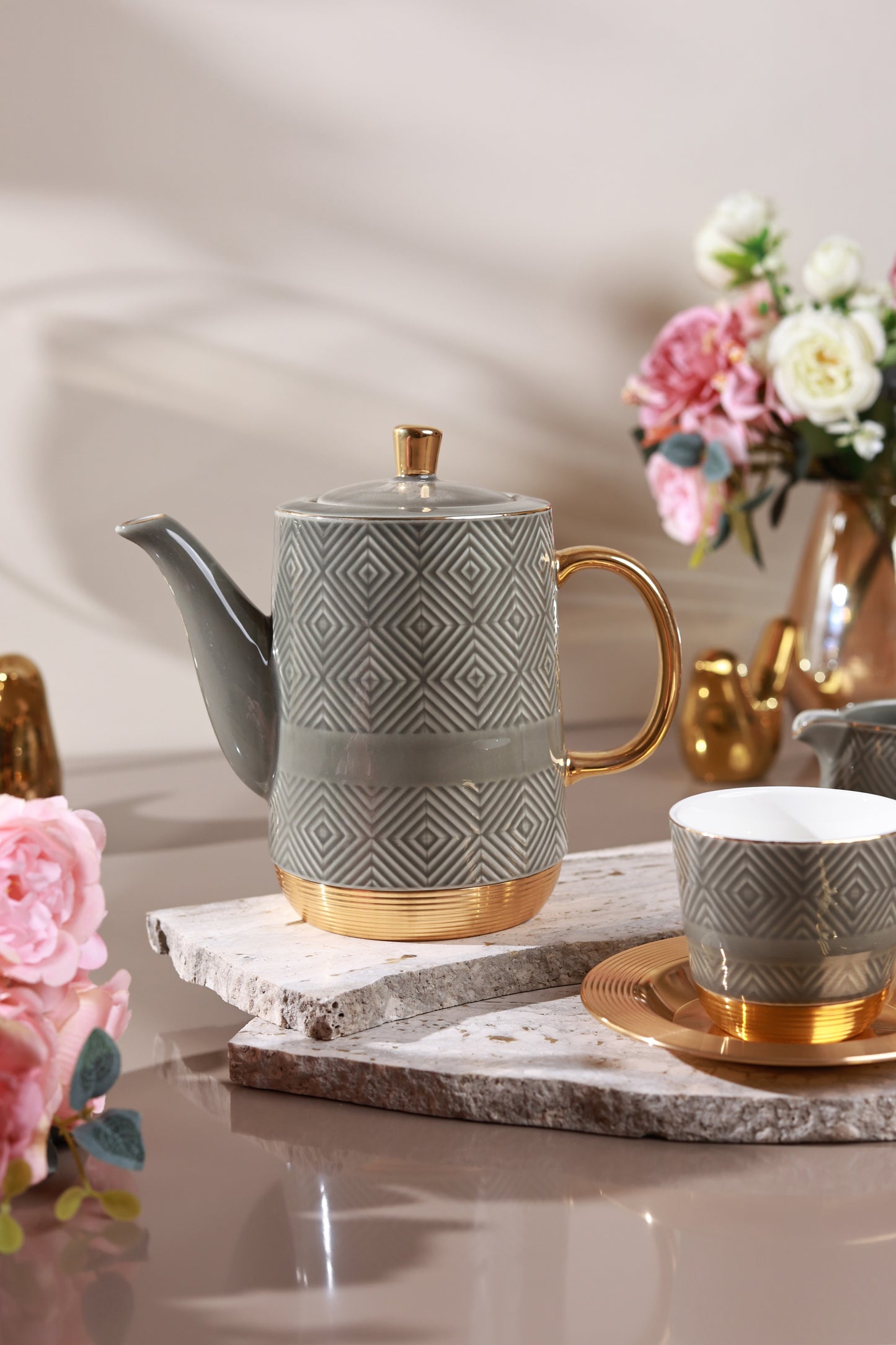 Grey 15 Pcs Tea Set (Metal Collection, 24K Gold)