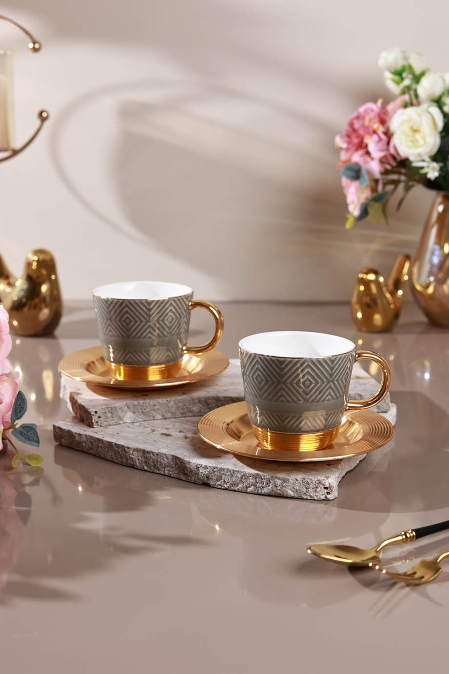 Grey 15 Pcs Tea Set (Metal Collection, 24K Gold)