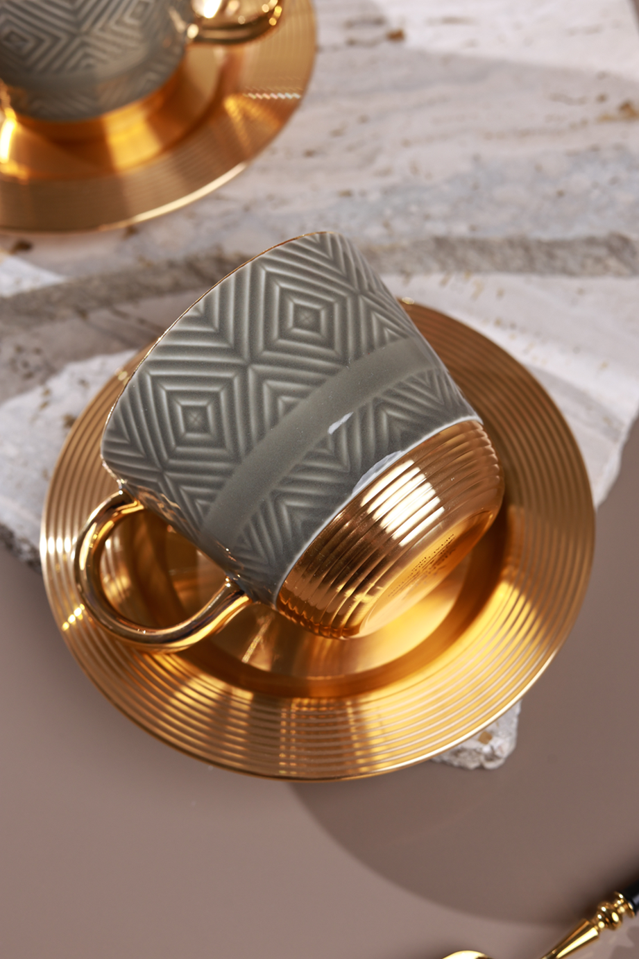 Grey Cup and Saucer Set (Metal Collection, 24K Gold)
