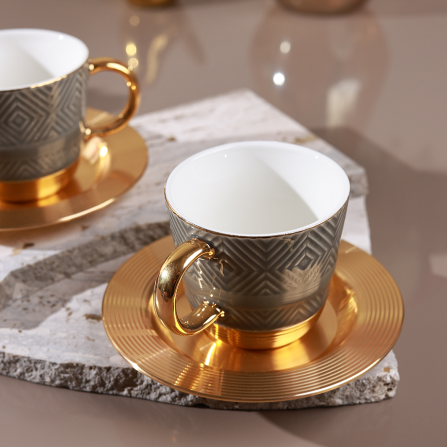 Grey Cup and Saucer Set (Metal Collection, 24K Gold)