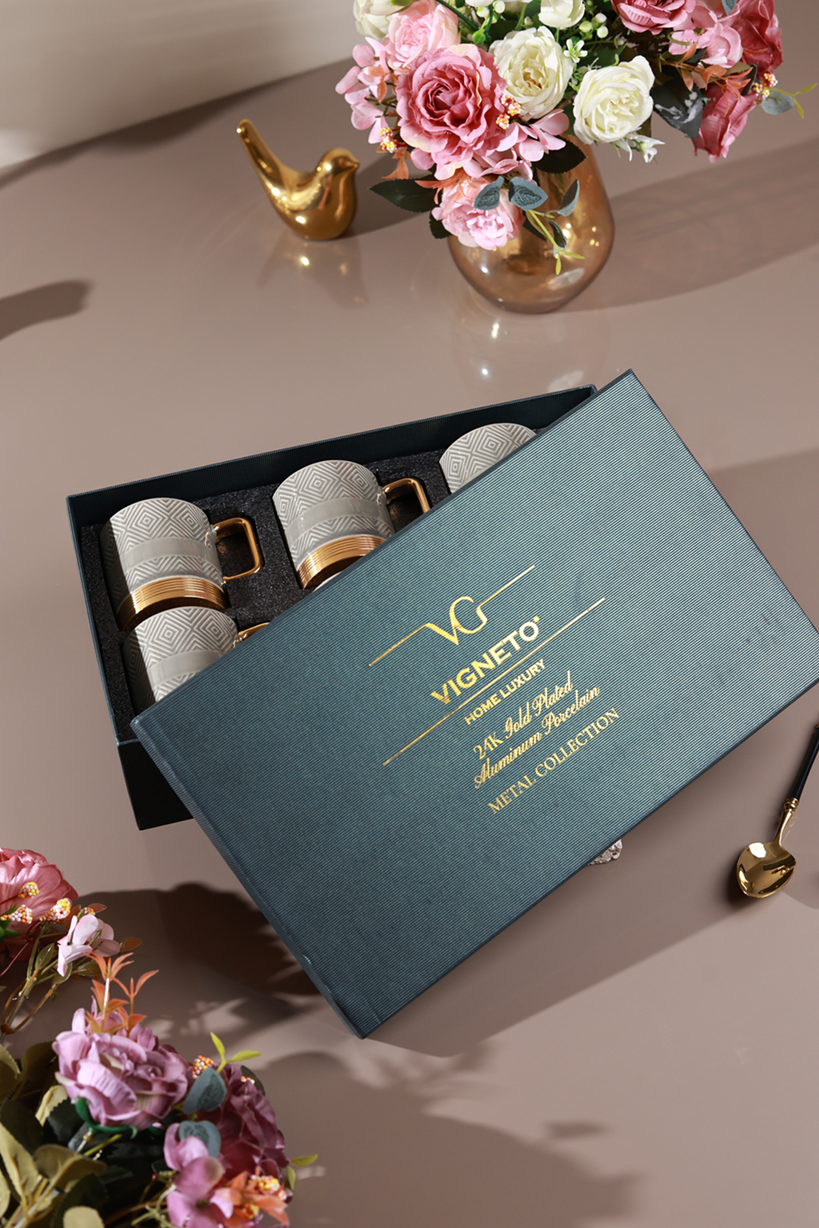 Grey Set of 6 Mugs (Metal Collection, 24K Gold, 180 ML)