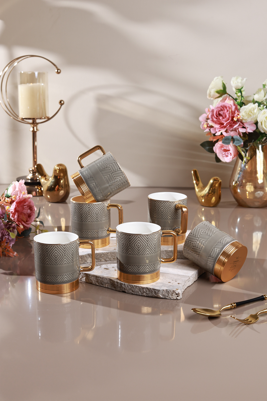 Grey Set of 6 Mugs (Metal Collection, 24K Gold, 180 ML)