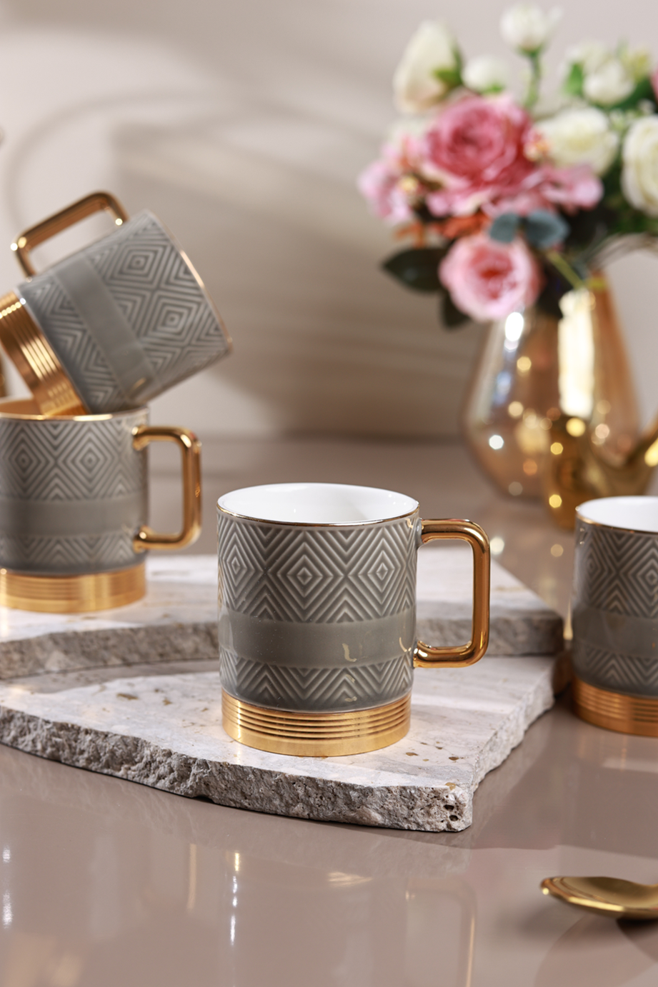 Grey Set of 6 Mugs (Metal Collection, 24K Gold, 180 ML)