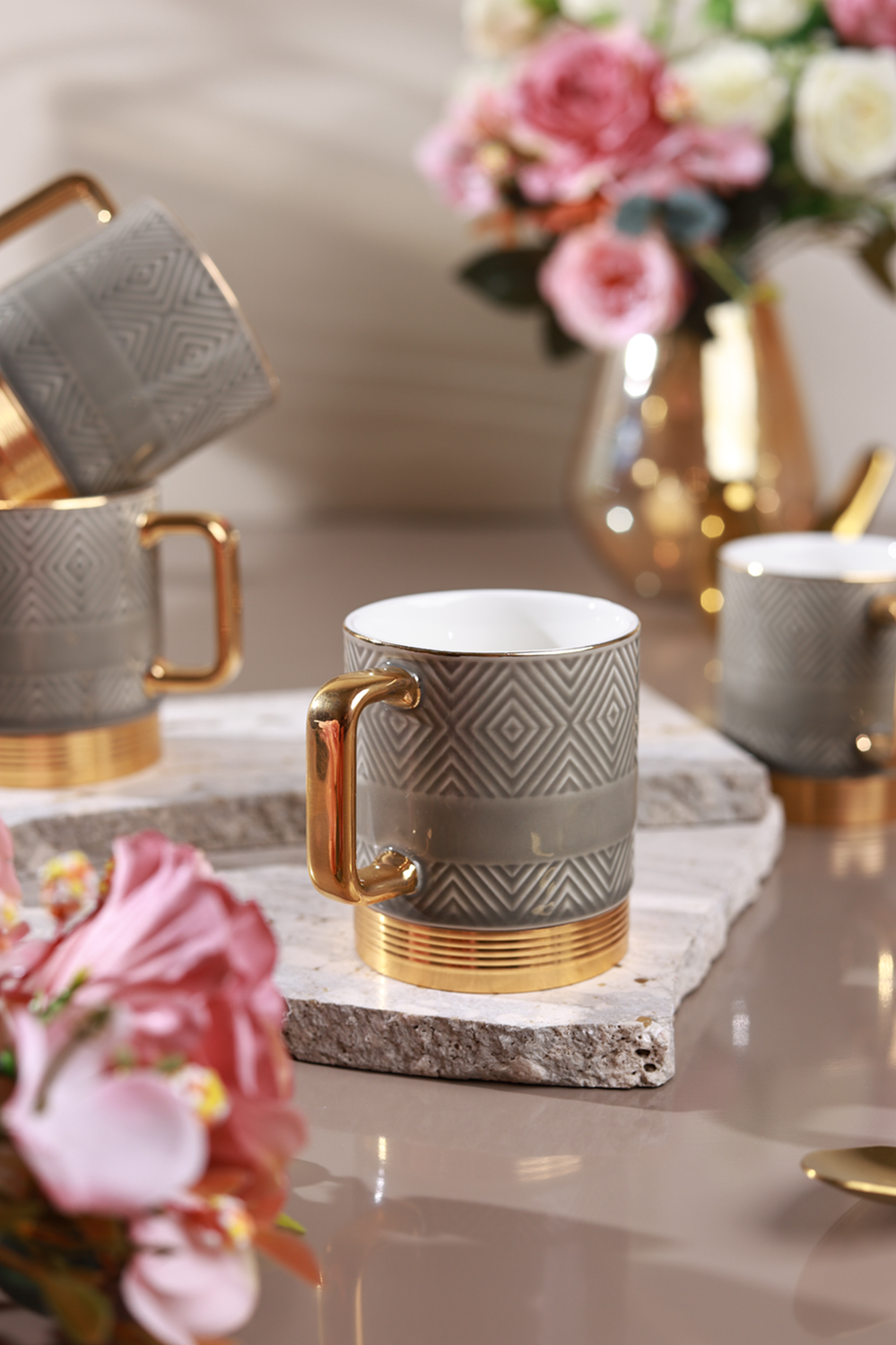 Grey Set of 6 Mugs (Metal Collection, 24K Gold, 180 ML)
