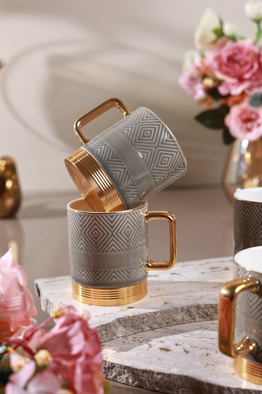 Grey Set of 6 Mugs (Metal Collection, 24K Gold, 180 ML)