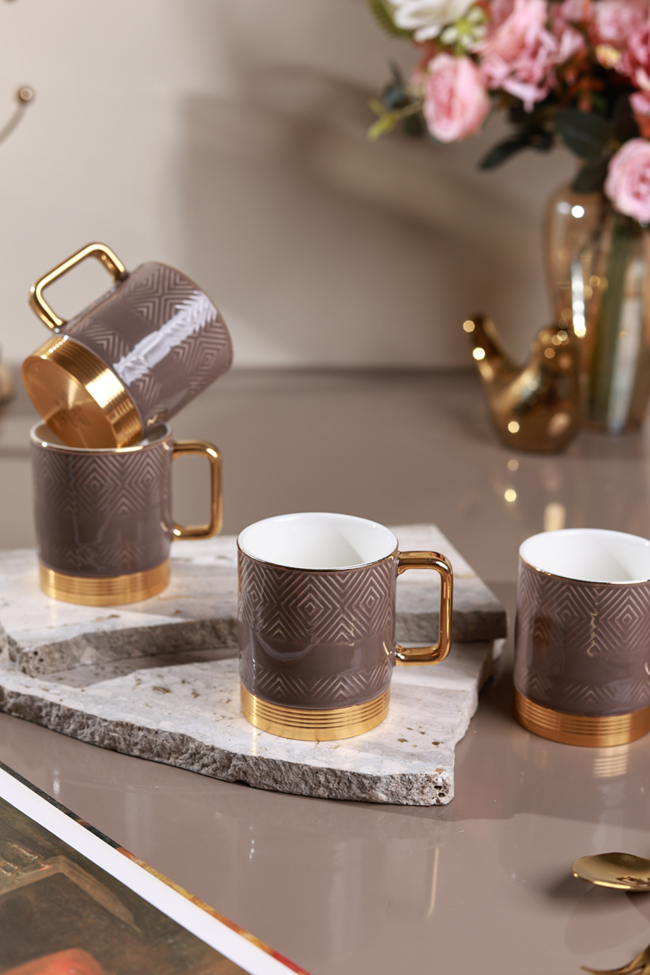 Chestnut Set of 6 Mugs (Metal Collection, 24K Gold, 180 ML)