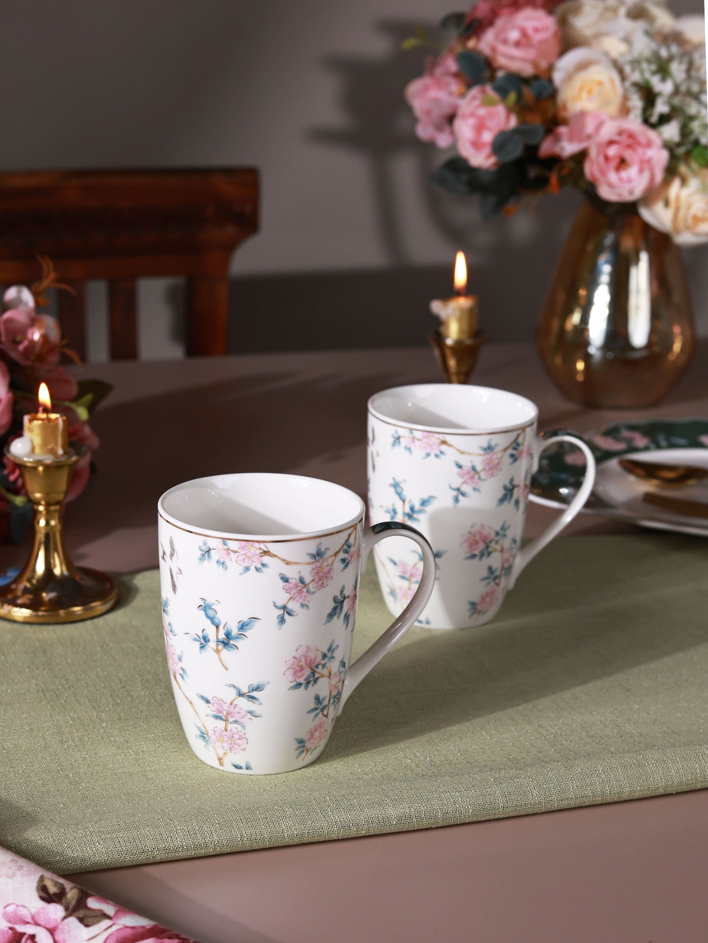 Victorian Green 8 Pcs Coffee & Platter Set (4 Mugs, 1 Square Platter, 1 Snack Platter, 2 Dip Bowls)