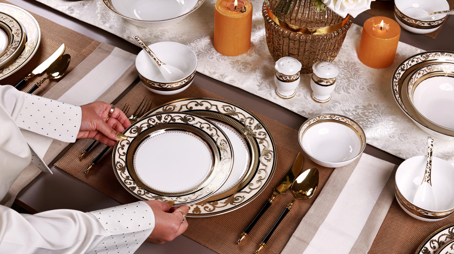 Gilded Realm 58 Pcs Dinner Set (Palace Collection, 24K Embossed Gold) - Vigneto