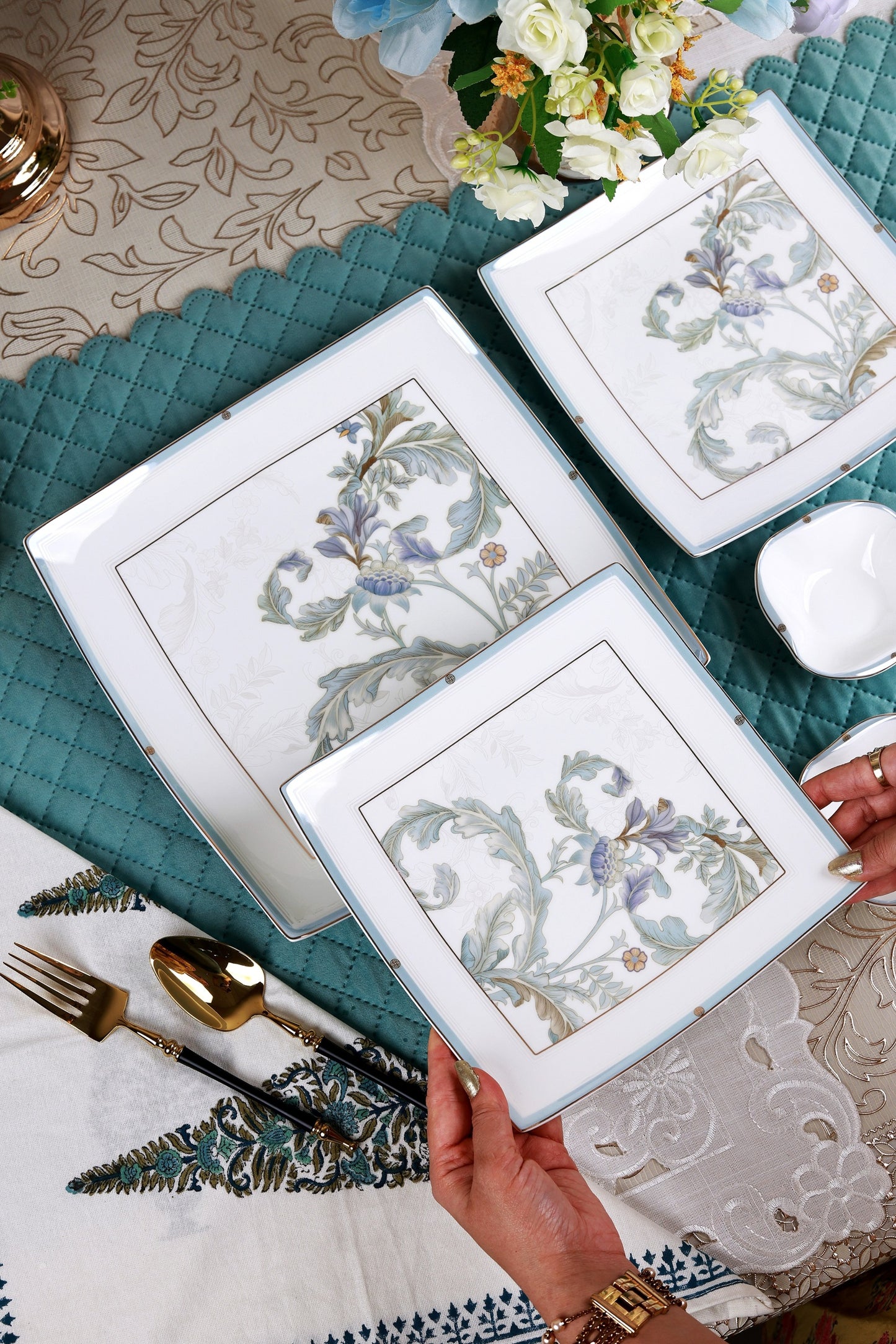 Oriental Blume 10 Pcs Snack Set (2 Serving Plates, 6 Quarter Plates, 2 Dip Bowls)