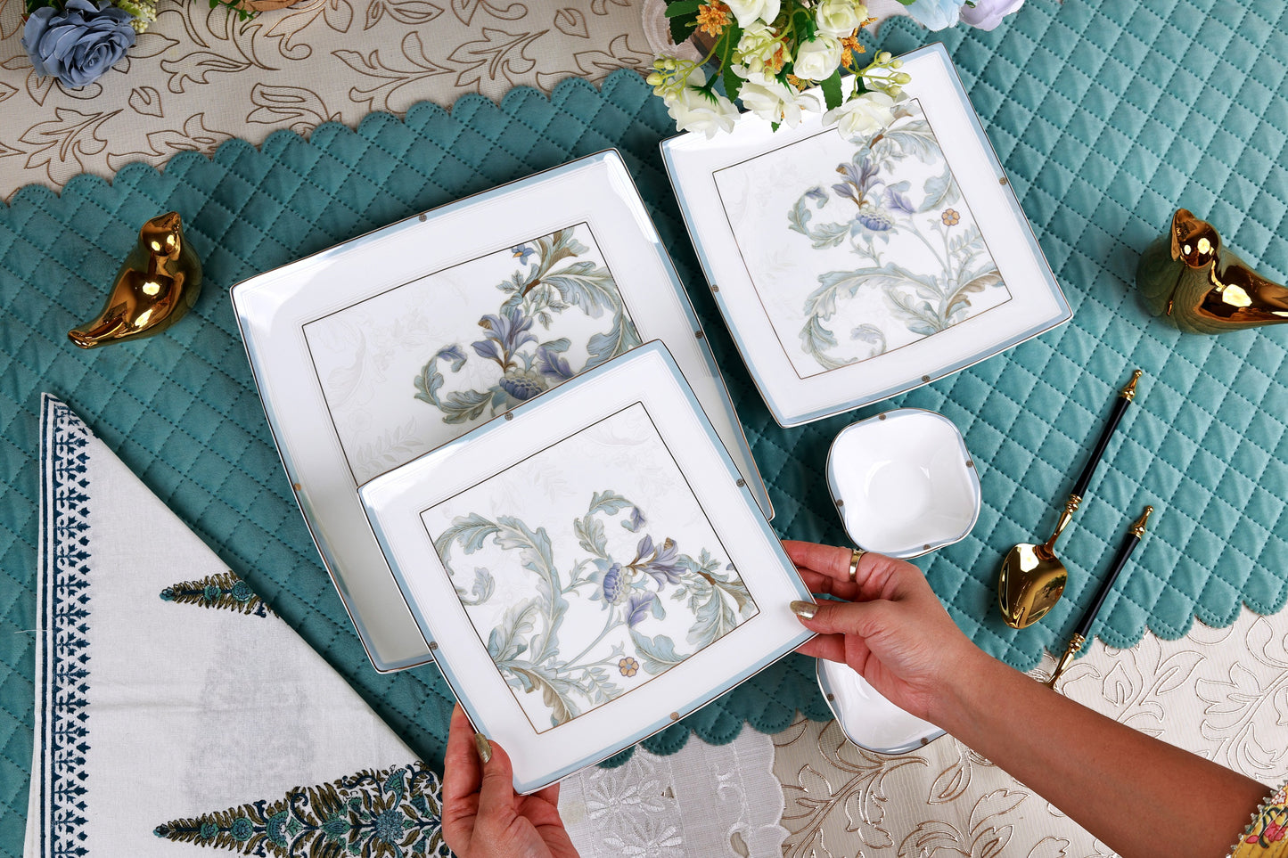 Oriental Blume 10 Pcs Snack Set (2 Serving Plates, 6 Quarter Plates, 2 Dip Bowls)