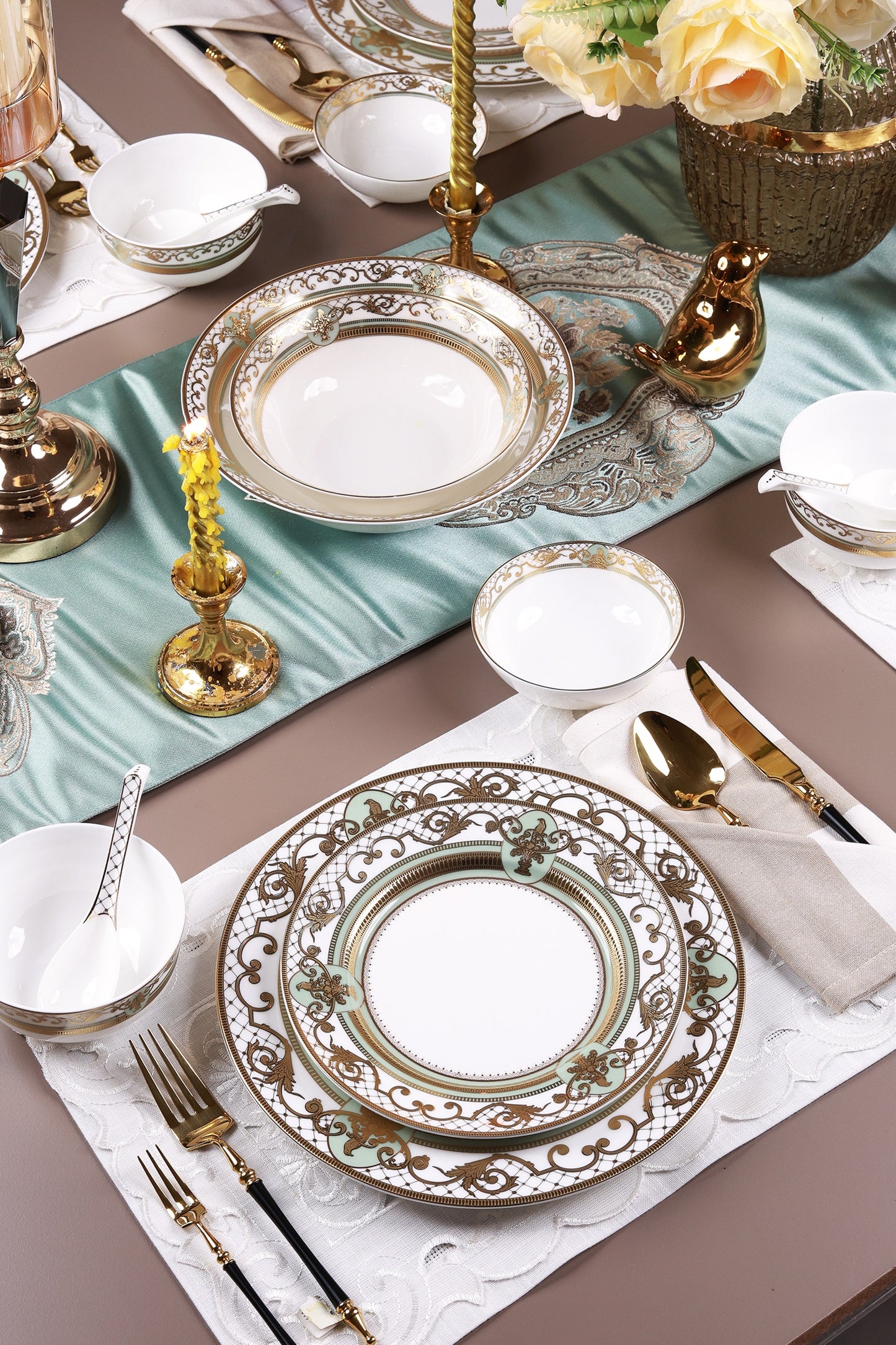 Palace Verde 58 Pcs Dinner Set (Palace Collection, 24K Embossed Gold) - Vigneto