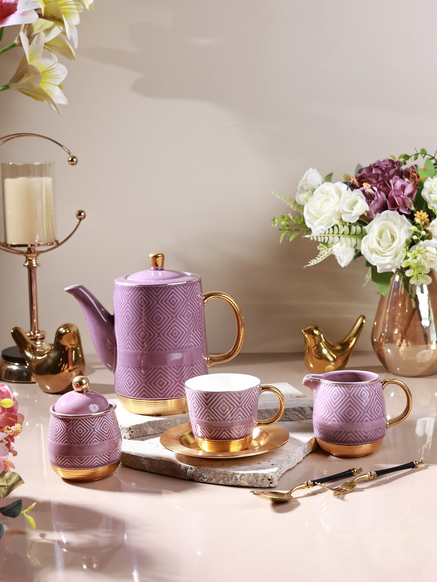 Mauve 15 Pcs Tea Set (Metal Collection, 24K Gold)