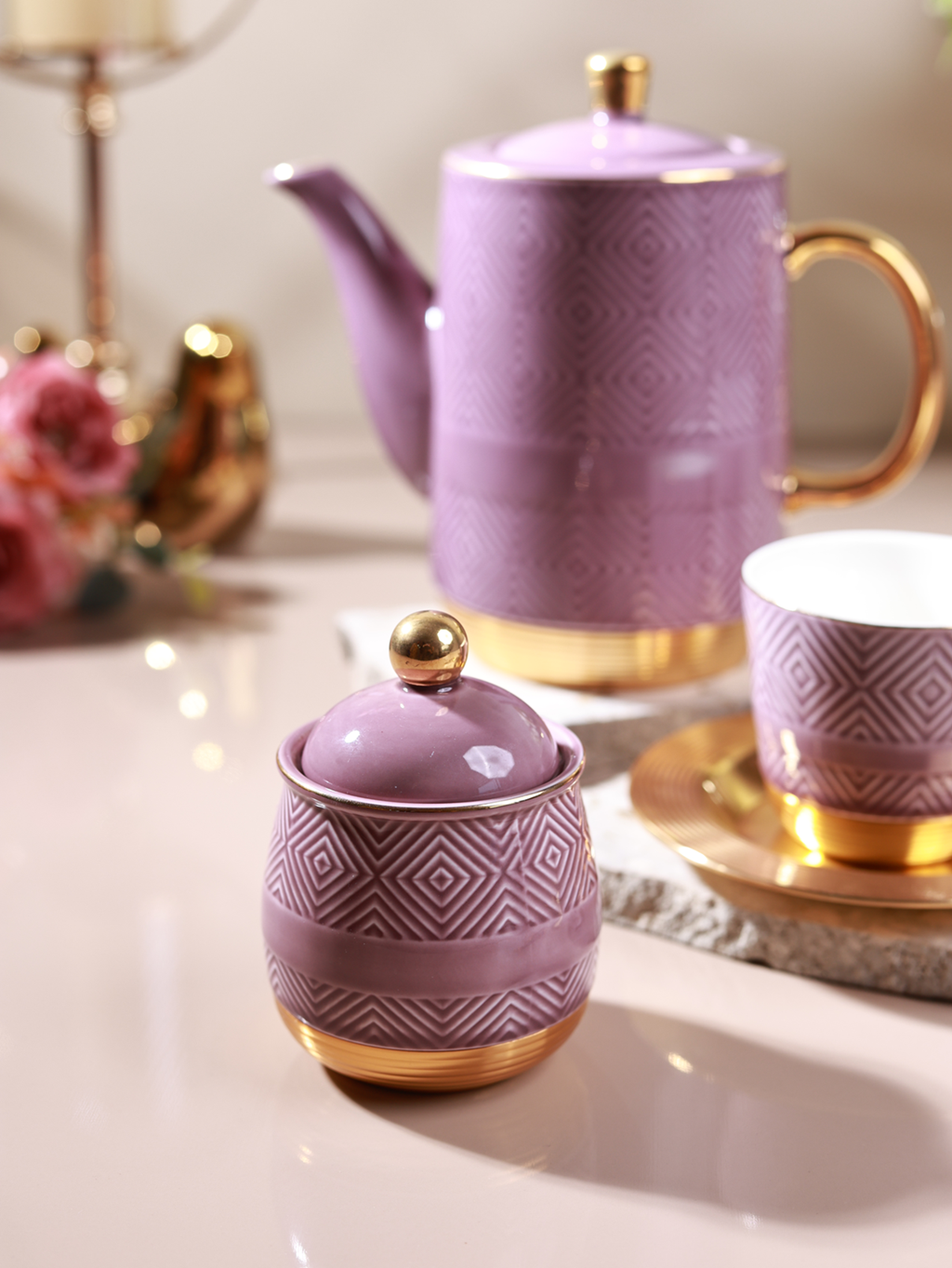 Mauve 15 Pcs Tea Set (Metal Collection, 24K Gold)