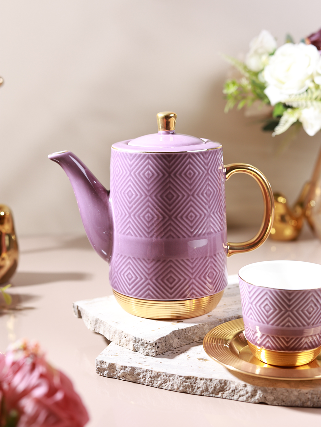 Mauve 15 Pcs Tea Set (Metal Collection, 24K Gold)