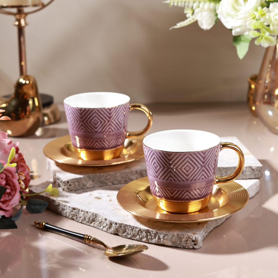 Mauve Cup and Saucer Set (Metal Collection, 24K Gold)